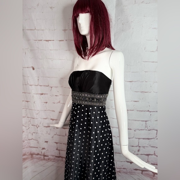 Jeweled Strapless Lace-Up Back Black and White Polka Dot Maxi Dress Size Small - Picture 13 of 16